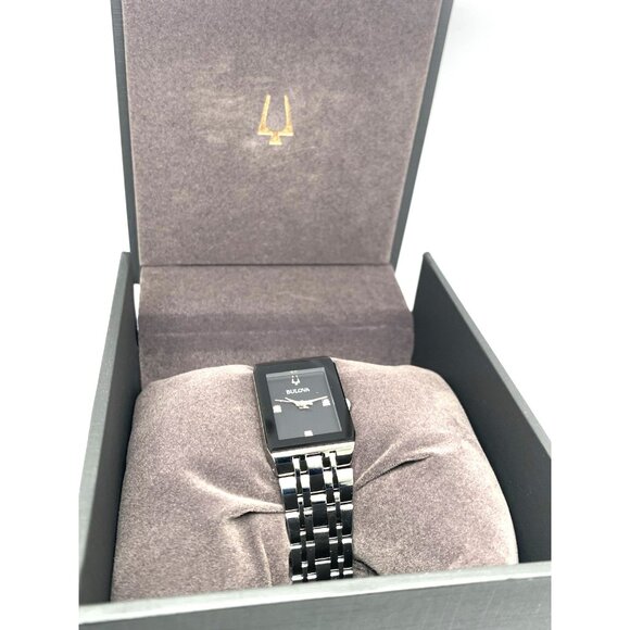 Bulova Women's Watch 96P202 Quartz Black Dial Diamond Quadra Tank Silver Steel - Picture 3 of 14